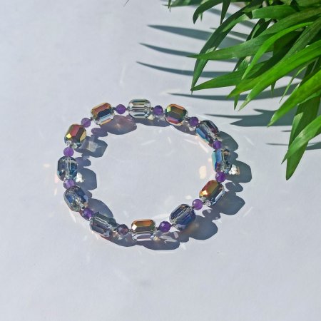 Браслет на гумці Чеський Кришталь Люкс + вставки Аметист, фур-ра гіп-ний сплав колір срібло d-7х3мм L-17-17,5см