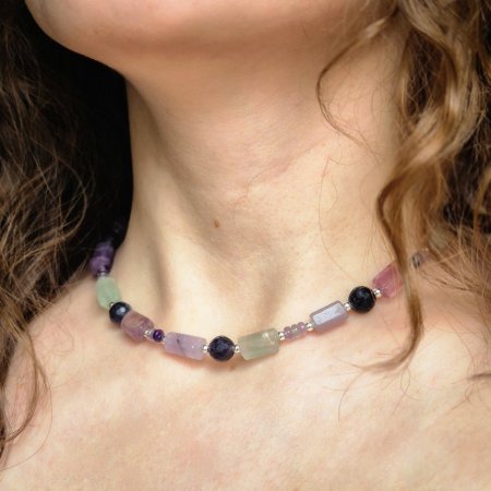 Чокер натуральний камінь Флюорит, Сапфір фур-ра гіп-ний сплав колір срібло d-8мм+- L-39-44см