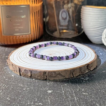 Браслет чоловічий натуральний Лепідоліт, Лава d-6мм+- L-19см